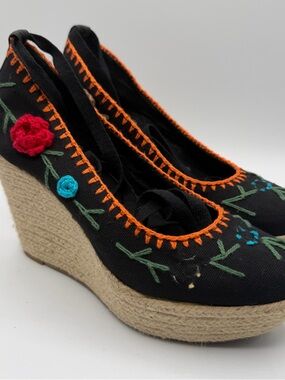 Vintage Y2K Juicy Couture Floral Embroidered Espadrille Wedges Womens 9